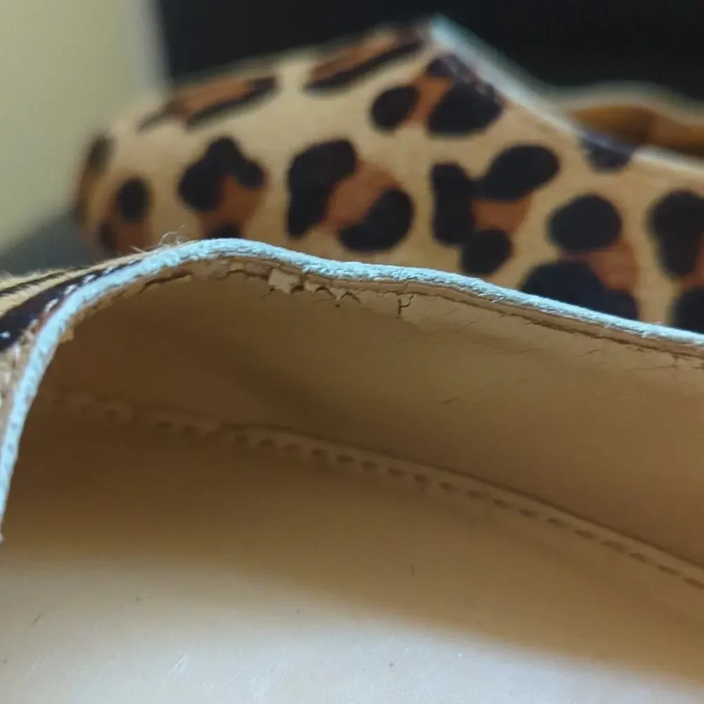J Crew Lily Leopard Print Calf Hair Leather Chunky Kitten Heel Slip On Shoes